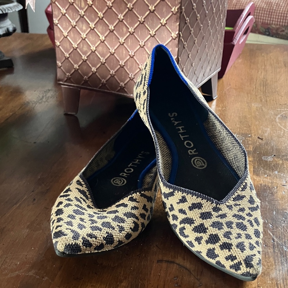 Rothy's Animal Print Flats with Vibrant Blue Accents